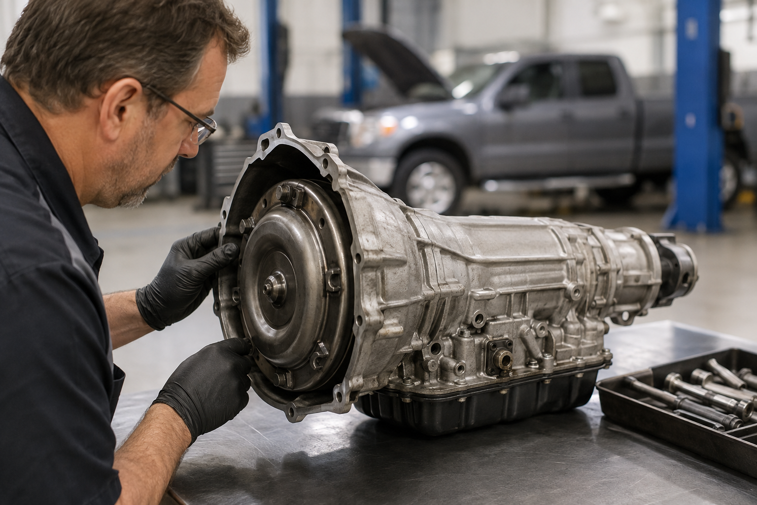 Gloved technician inspecting automatic transmission